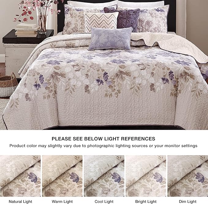 Madison Park Luna Quilt Modern Classic Design All Season, Breathable Coverlet Lightweight Bedding Set, Matching Shams, Decorative Pillow, King/Cal King(104"x94"), Floral Taupe 6 Piece