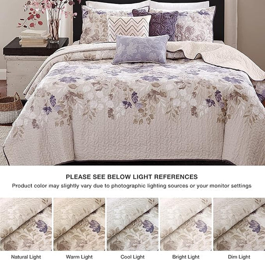 Madison Park Luna Quilt Modern Classic Design All Season, Breathable Coverlet Lightweight Bedding Set, Matching Shams, Decorative Pillow, King/Cal King(104"x94"), Floral Taupe 6 Piece