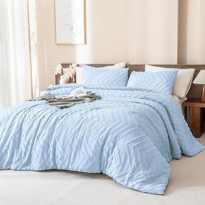 Andency Light Blue Comforter Set Full Size, Boho Soft Warm Tufted Neutral Bedding Comforter Sets for Full Bed, 3 Pieces Aesthetic Chevron Cute Bohemian Textured Bedding Set