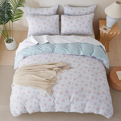 Queen Size Floral Comforter Soft 3 Pieces Chic Crinkle Gauze Fabric Garden Style Flower Print Botanical Comforter for All Seasons Luxury Warmth Comfy Breathable with 2 Pillowcases