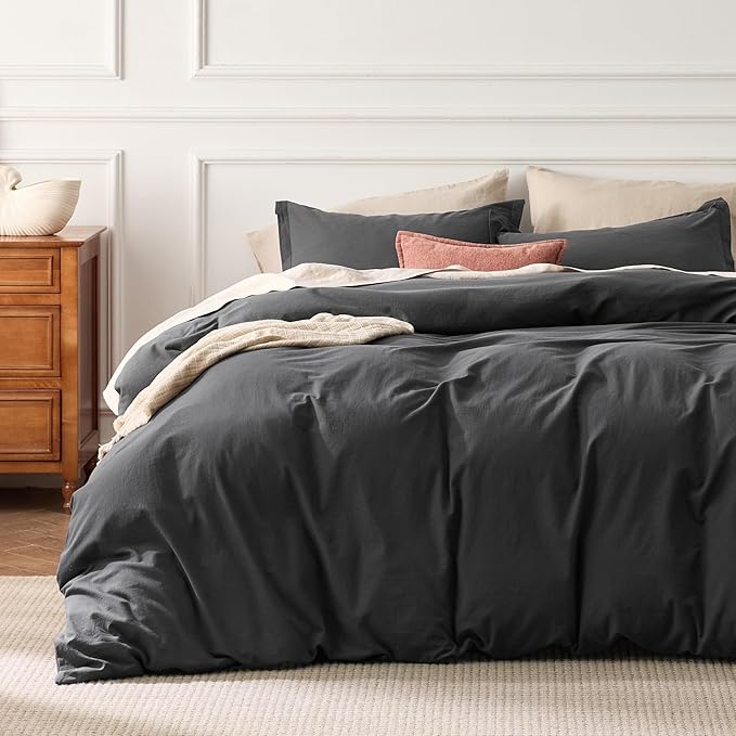 Bedsure 100% Washed Cotton Duvet Cover King - Charcoal Minimalist Bedding Set Linen Like - PureWoven Plain Simple & Soft Comforter Cover for All Seasons (Charcoal, King, 104"x90")