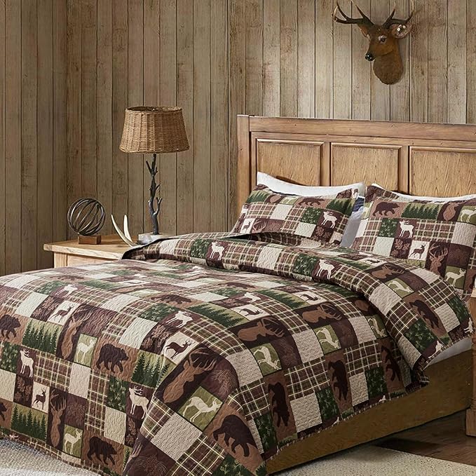 Ycosy Lodge Plaid Quilt Set Moose Bear Bedding King Size Rustic Bedspread Cabin Coverlet Wildlife Forest Quilts Comforter Summer Lightweight Bed Cover with 2 Pillow Shams