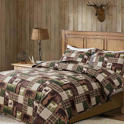 Ycosy Lodge Plaid Quilt Set Moose Bear Bedding King Size Rustic Bedspread Cabin Coverlet Wildlife Forest Quilts Comforter Summer Lightweight Bed Cover with 2 Pillow Shams