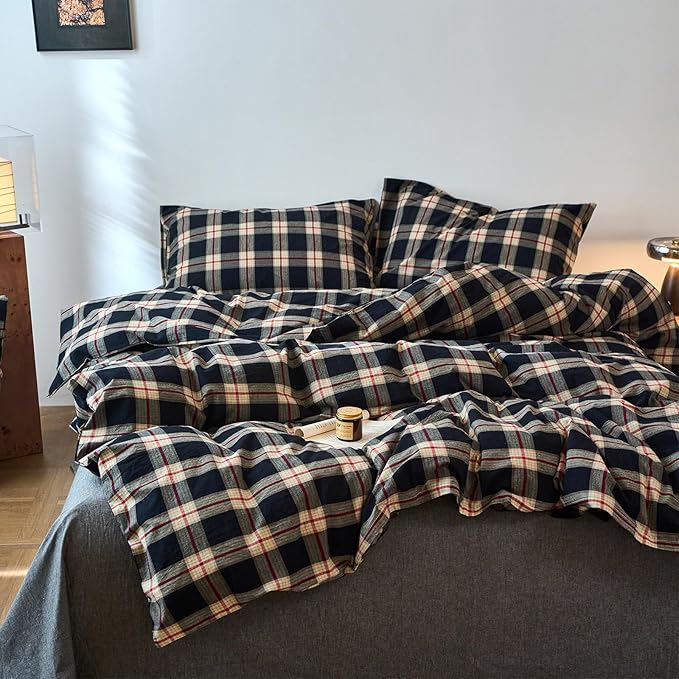 EAVD Vintage Style Black Buffalo Plaid Duvet Cover Twin Soft 100% Washed Cotton Red&Green Grid Checkered Bedding Set with 2 Pillowcases Retro Farmhouse Geometric Grid Duvet Cover with Zipper