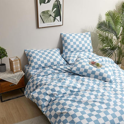 CLOTHKNOW Blue White Plaid Comforter Set Twin Grid Bedding Sets Kids Comforter Soft Light Blue Comforter Sets Twin with 2 x Pillow Cases