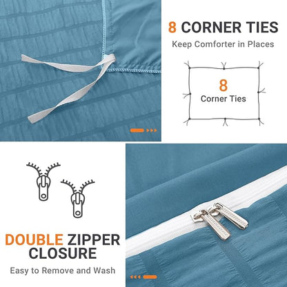 HYMOKEGE Mineral Blue Duvet Cover King Size, Ultra Soft 3-Piece Seersucker Duvet Cover Set with Zipper Closure, Soft Brushed Microfiber Bedding Set with 8 Corner Ties (104"x90", 2 Pillowshams)