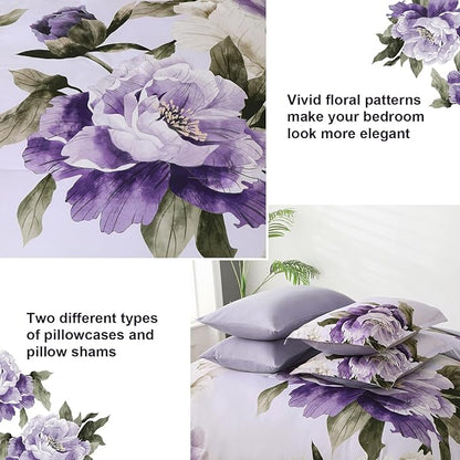 Dobuyly Purple Comforter Set Full Size 7 Piece Bed in a Bag Full, Purple Floral Printed on Light Purple Comforter Set with Sheets, Soft Microfiber Botanical Complete Bedding Set for All Season