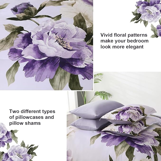 Dobuyly Purple Queen Comforter Set 7 Piece Bed in a Bag Queen, Purple Floral Printed on Light Purple Comforter Set with Sheets, Soft Microfiber Botanical Complete Bedding Set for All Season