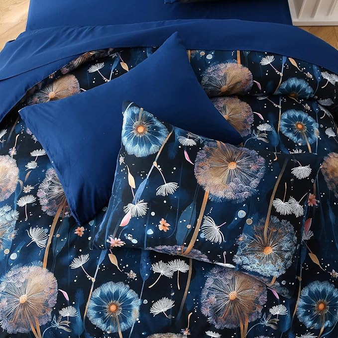 Glow in The Dark Kids Comforter Set, 5 Pieces Blue Dandelion Bedding Set Twin Size for Boys Girls Teen, 1 Comforter, 2 Pillowcases, 2 Pillow Shams, 1 Flat Sheet, 1 Fitted Sheet