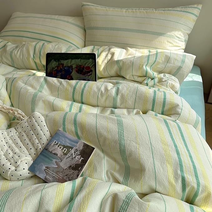 EAVD Vintage Striped Comforter Set Twin XL Soft Cotton 3-Piece Boho Bedding Set with 2 Pillowcases Retro Yellow-Green Vertical Stripes Geometric Comforter Set for All-Season