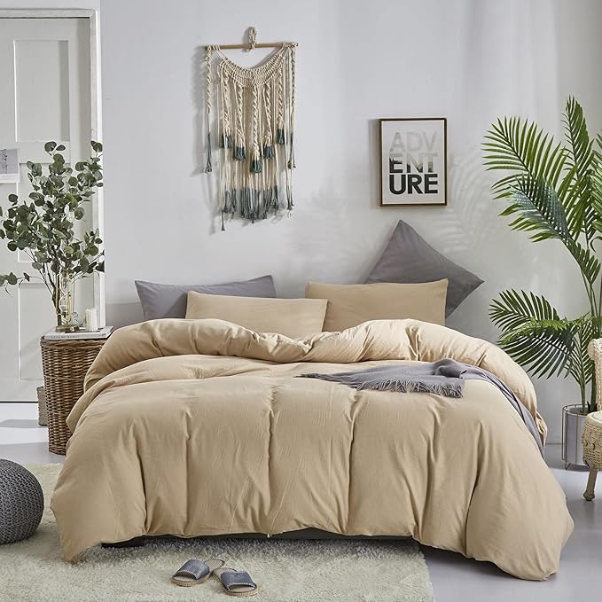 KAREVER Champagne Comforter Set Queen Bedding Set Women Solid Khaki Bed Comforter Set Plain Beige Breathable Blanket Men Light Champagne Lightweight Quilts Set Queen Size