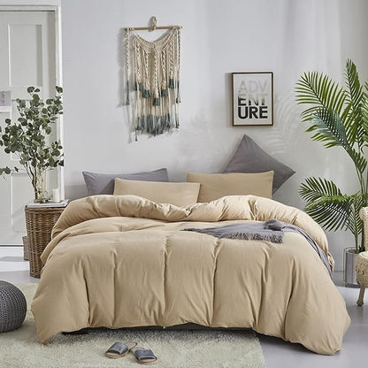 KAREVER Champagne Comforter Set Full Bedding Set Women Solid Khaki Bed Comforter Set Plain Beige Breathable Blanket Teens Light Champagne Lightweight Quilts Set Full Size