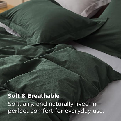 Bedsure 100% Washed Cotton Duvet Cover King Size - Forest Green Minimalist Bedding Set Linen Like - PureWoven Plain Simple & Soft Comforter Cover for All Seasons (Forest Green, King, 104"x90")