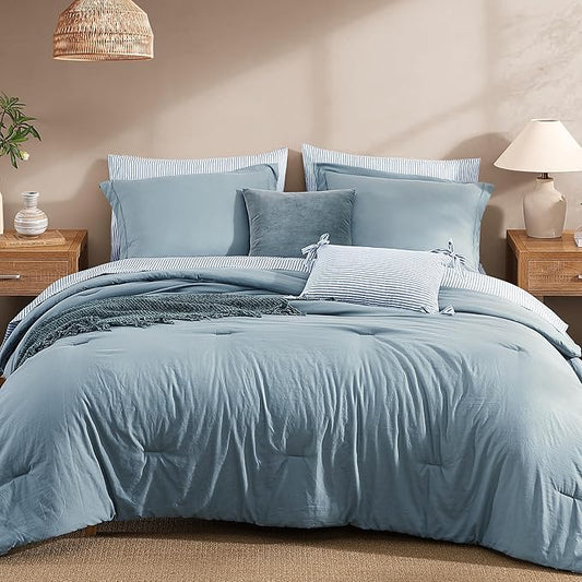 Monbix Oversized Queen Size Comforter Set - 7 Pieces Dusty Blue Prewashed Bed in a Bag Bedding Sets with Comforters, All Seasons Ultra Soft Comforter Bed Set with Sheets, Pillowcases & Shams