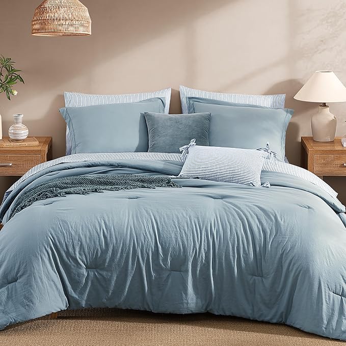 Monbix Oversized King Size Comforter Set - 7 Pieces Dusty Blue Prewashed Bed in a Bag Bedding Sets with Comforters, All Seasons Ultra Soft Comforter Bed Set with Sheets, Pillowcases & Shams