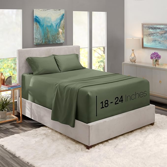 Nestl Twin XL Size Sheet Set, 4 Piece Extra Deep Pocket (18-24 inches), Microfiber, Hotel Luxury, Soft, Breathable, Wrinkle-Free, Easy to Care, Olive Green