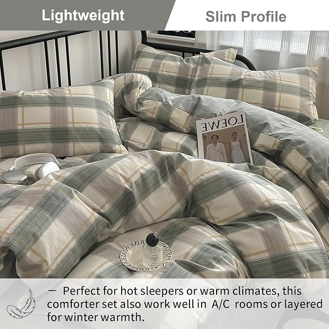 EAVD Green Gingham Comforter Set King 3 Pieces Grid Plaid Comforter Set Modern Simple Grid Checkered Bedding Set with 2 Pillowcases Reversible Gingham Bedding Set for Boys Women Men