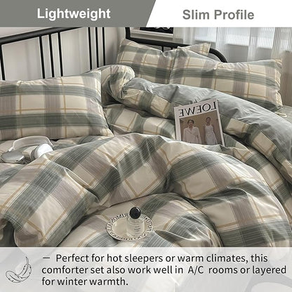 EAVD Green Gingham Comforter Set King 3 Pieces Grid Plaid Comforter Set Modern Simple Grid Checkered Bedding Set with 2 Pillowcases Reversible Gingham Bedding Set for Boys Women Men