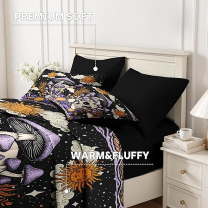 Nesker Comforter Set Queen Size, Skeleton Tarot Astrology 7 Pcs Bedding for Kids and Adults, Purple Mushroom Bed Sheet Sets with Fitted Sheet 2 Pillowcases & 2 Shams