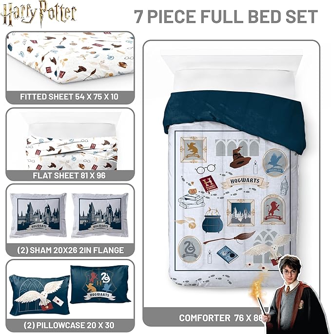 Jay Franco Kids Comforter Set Includes Sheets and Pillow Covers - Soft and Cozy Bed Set for Stylish Room Decor, Dark Grey - Harry Potter, 7 Piece Full Size Bedding