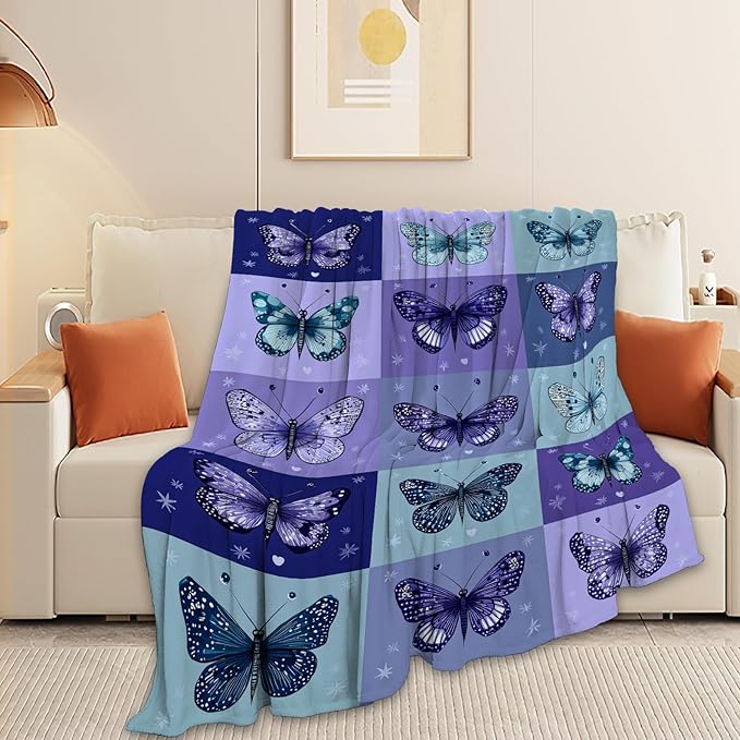 Butterfly Blanket Super Soft Warm Fluffy Fleece Flannel Blue Purple Throw Blanket Cozy Fuzzy Plush Stuff Bedding Blankets Gifts for Women Kids Boys Girls Adults 60"X50"