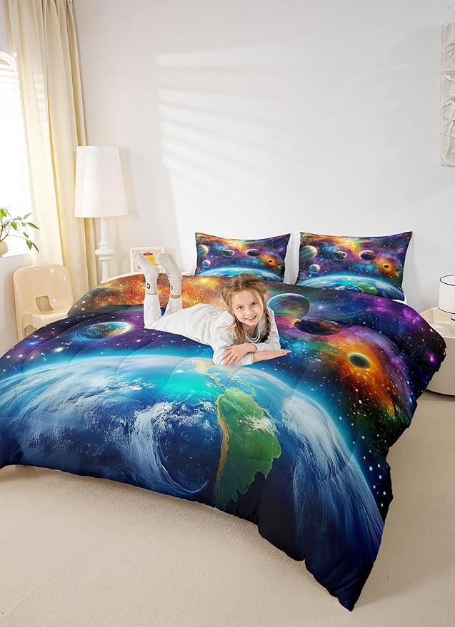Feelyou Universe Galaxy Comforter Set King Size Kids Planets Earth Bedding Set Boy Girl Teen Solar System Comforter Breathable Outer Space Duvet Set Nebula Quilt Set