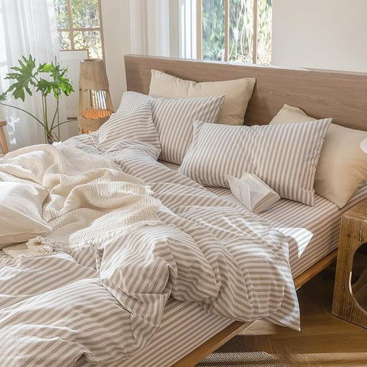 MooMee Bedding Pillowcases Striped Pack of 2 100% Washed Cotton Linen Like Textured Breathable Durable Soft Comfy (Tannish Linen Grey White Classic Stripes, King)