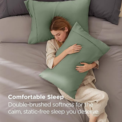 Bedsure Pillow Cases Standard Size Set of 2 - Sage Green Brushed Microfiber Pillowcases, Super Soft and Cozy Pillow Case Covers with Envelope Closure for Kids, Wrinkle, Fade Resistant, 20x26 Inches