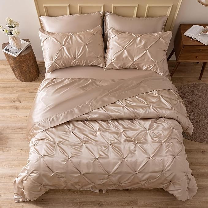 MR&HM Satin Comforter Set Oversized Queen, 7 Piece Bed in a Bag, Silky Soft All Season Bed Set, Luxury Pinch Pleat Bedding Set with Comforter, Sheets, Pillowcases & Shams, Champagne