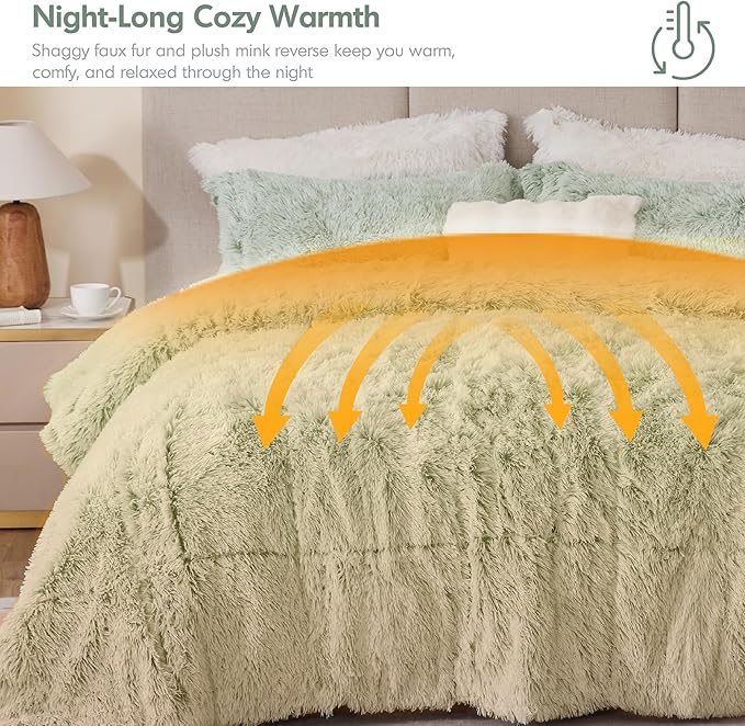 Intelligent Design King Comforter Set Fur-Like Shaggy Comforters for King Size Bed Warm, Fuzzy Bedding, All Season Luxurious Comforters King Size Bed Set, Malea, King/Cal King, Green/White 3 Piece