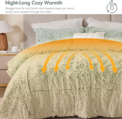 Intelligent Design King Comforter Set Fur-Like Shaggy Comforters for King Size Bed Warm, Fuzzy Bedding, All Season Luxurious Comforters King Size Bed Set, Malea, King/Cal King, Green/White 3 Piece