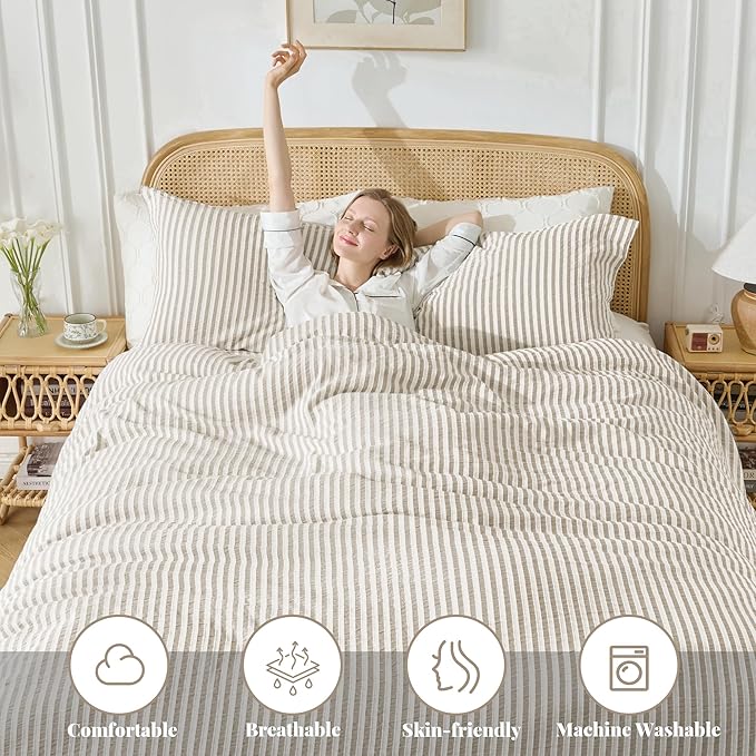 MILDLY Khaki Striped Duvet Cover - 100% Washed Cotton Jacquard Textured Comforter Cover with Dual Zipper Closure & 8 Coner Ties