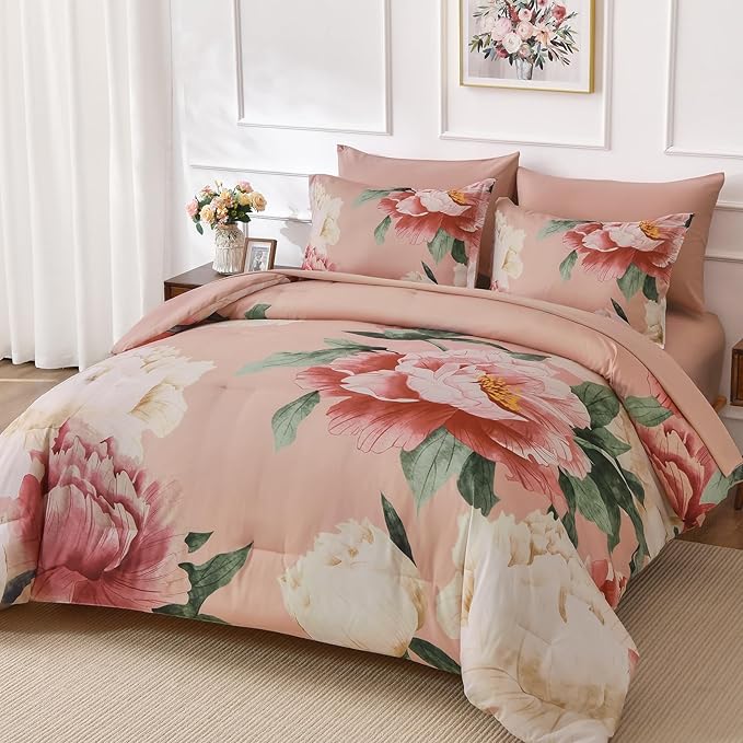 Dobuyly King Size Comforter Set Coral Pink 7 Piece Bed in a Bag, Pink Floral Bedding Set for Girls Women, Soft Microfiber Bed Set with Comforter, Sheets, Pillowcases & Shams