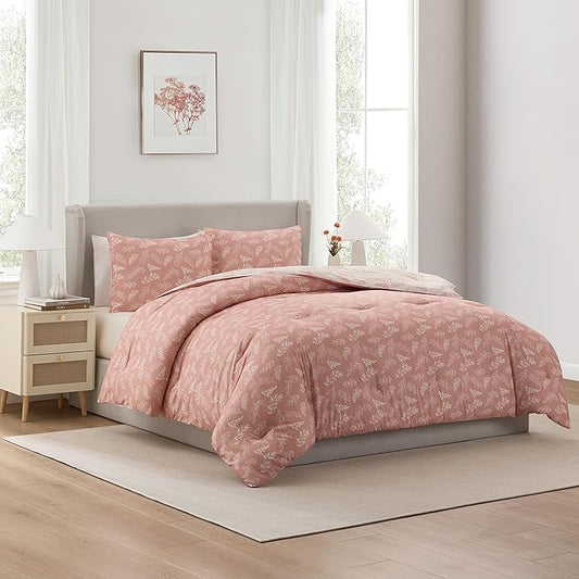 Nestl Full Size Comforter Sets - Blush Bed in a Bag Full Size, 3 Pieces Reversible Bed Set, Soft Floral Bedding Set, All Season Botanical Comforters with Pillow Shams