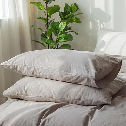 MooMee Bedding Pillowcases Pack of 2 100% Washed Cotton Linen Like Textured Breathable Durable Soft Comfy (Heathered Brownish Grey, Queen)