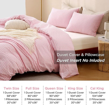 TOCOMOA Pink Gingham Duvet Cover Bedding Set 100% Washed Cotton Like Linen Feel Super Soft Comfortable 3 Piece Cute Plaid Checkered Comforter Cover Set (Queen 90"x90", Comforter Not Included)