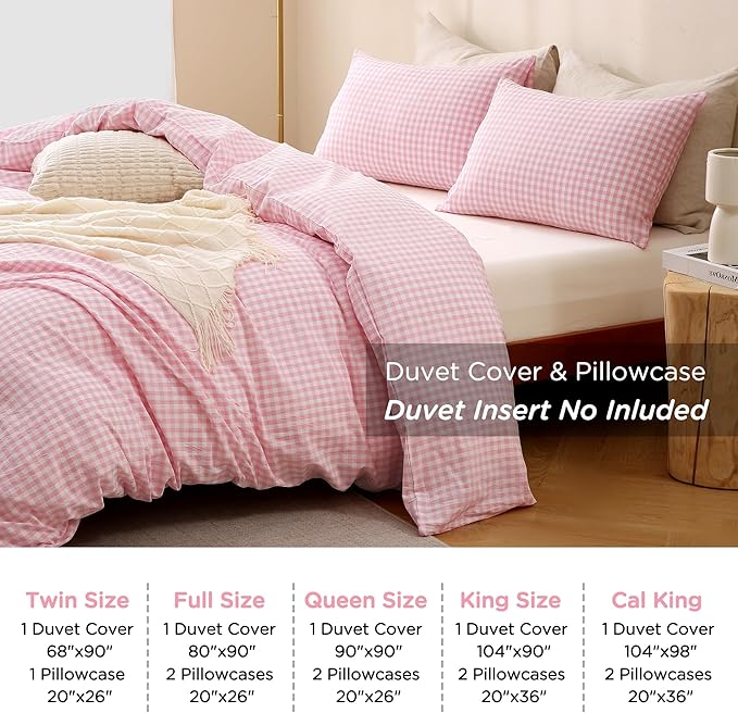TOCOMOA Pink Gingham Duvet Cover Bedding Set 100% Washed Cotton Like Linen Feel Super Soft Comfortable 2 Piece Cute Plaid Checkered Comforter Cover Set (Twin 68"x90", Comforter Not Included)