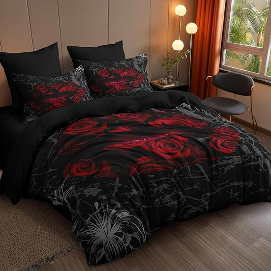 Gothic Black Rose Bedding Set Full Size, Red Sexy Lip Comforter Set for Girls Women, 3 Pieces Soft Fluffy Microfiber with 2 Pillowcases, 79"x90"