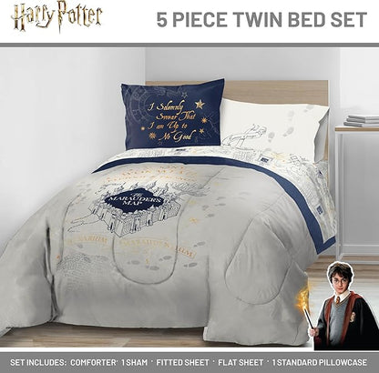 Jay Franco Kids Comforter Set Includes Sheets and Pillow Covers - Soft and Cozy Bed Set for Stylish Room Decor, Beige - Harry Potter, 5 Piece Twin Size Bedding