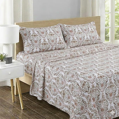 Feather & Stitch Printed 500 TC Twin Size 3pc Damask Bed Sheet Set, 100% Soft Cotton Breathable Bedsheets, 18" Deep Pockets Sateen Weave Striped Bedding Mattress Resort Hotel Luxury - Floral Bloom