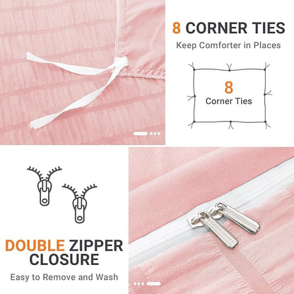 HYMOKEGE Pink Duvet Cover King Size, Ultra Soft 3-Piece Seersucker Duvet Cover Set with Zipper Closure, Soft Brushed Microfiber Bedding Set with 8 Corner Ties (104"x90", 2 Pillowshams)