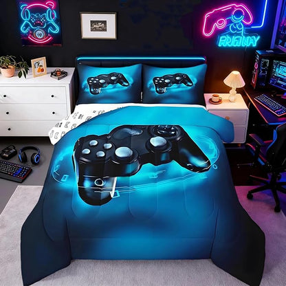 Feelyou Queen Size Gaming Comforter Set for Boys Gamer Bedding Set for Teens Kids Gamer Room Decor Blue Video Games Comforter Duvet Set Gamepad Quilted All Season 1 Comforter with 2 Pillow Cases