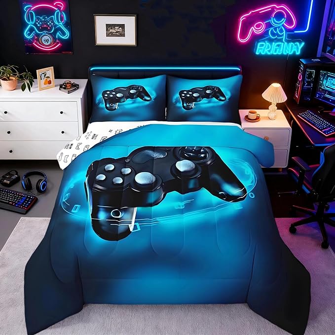 Feelyou Gamer Bedding Set for Boys Full Size Comforter Set Kids Gaming Comforter Blue Gamer Room Decor Video Game Gamepad Bed Set Teens Teenage Bedding Soft Warm 1 Comforter with 2 Pillowcases
