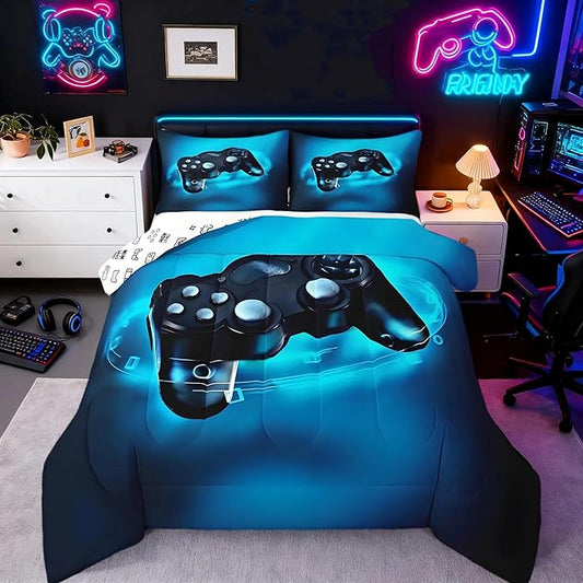 Feelyou Gamer Bedding Set for Boys Full Size Comforter Set Kids Gaming Comforter Blue Gamer Room Decor Video Game Gamepad Bed Set Teens Teenage Bedding Soft Warm 1 Comforter with 2 Pillowcases