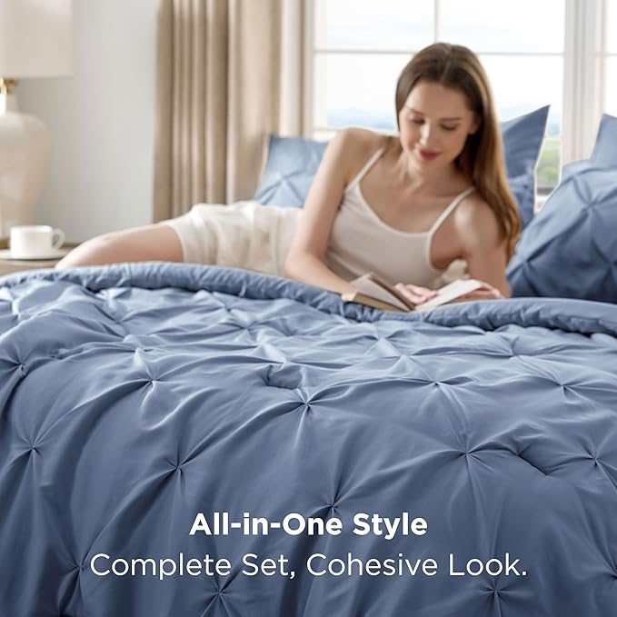 Bedsure Twin Comforter Set Slate Blue - Bed in a Bag Twin Size Bedding 5 Pieces, GentleSoft™ Pintuck Bed Set Gift for Family, Pinch Pleat Slate Blue Comforter with Sheets, Pillowcase & Sham