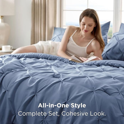 Bedsure Twin Comforter Set Slate Blue - Bed in a Bag Twin Size Bedding 5 Pieces, GentleSoft™ Pintuck Bed Set Gift for Family, Pinch Pleat Slate Blue Comforter with Sheets, Pillowcase & Sham