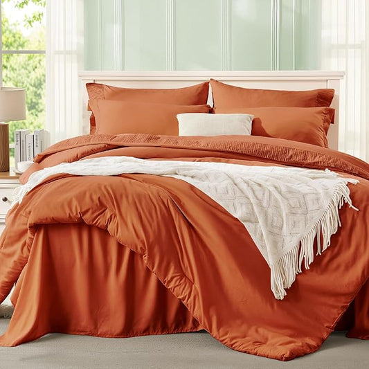 Anluoer Burnt Orange King Comforter Set 7 Pieces, Bed in a Bag with Sheets, All Season Bedding Sets with 1 Comforter, 2 Pillow Shams, 2 Pillowcases, 1 Flat Sheet, 1 Fitted Sheet