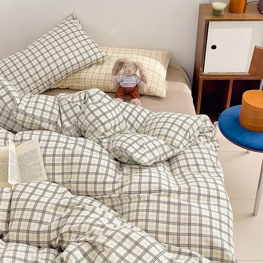 Vintage Grey Plaid Gingham Duvet Cover King 100% Cotton Muslin Duvet Cover Retro Grey Green Plaid Grid Checkered Comforter Cover with 2 Pillowcases Linen Like Gauze Breathable Gingham Bedding Set