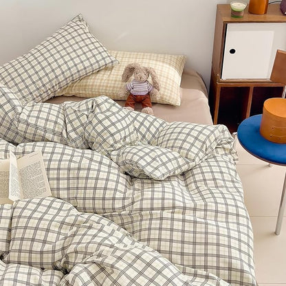 Vintage Grey Plaid Duvet Cover Full Size 100% Cotton Muslin Gingham Duvet Cover Grey Green Grid Checkered Plaid Bedding Set Breathable Soft Linen Like Gauze Comforter Cover Gingham Bedding Set Full