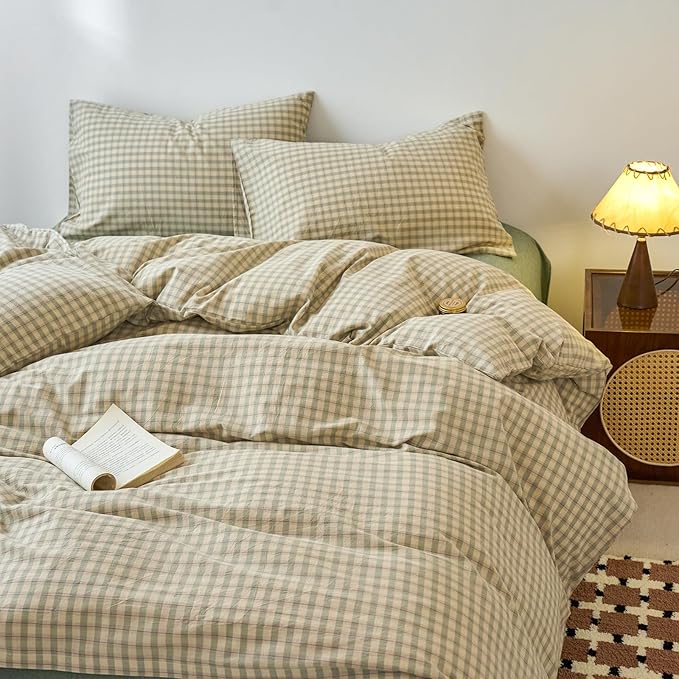 EAVD Vintage Style Green Plaid Duvet Cover King Soft 100% Washed Cotton Chic Checkered Gingham Bedding Set with 2 Pillowcases Farmhouse Green Gingham Duvet Cover with Zipper Closure